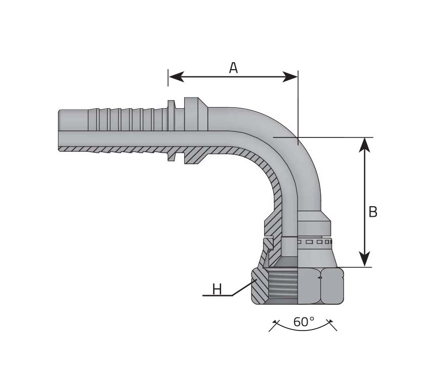 Женски накрайник Komatsu, коляно 90° метрична резба, конус 37° JIC